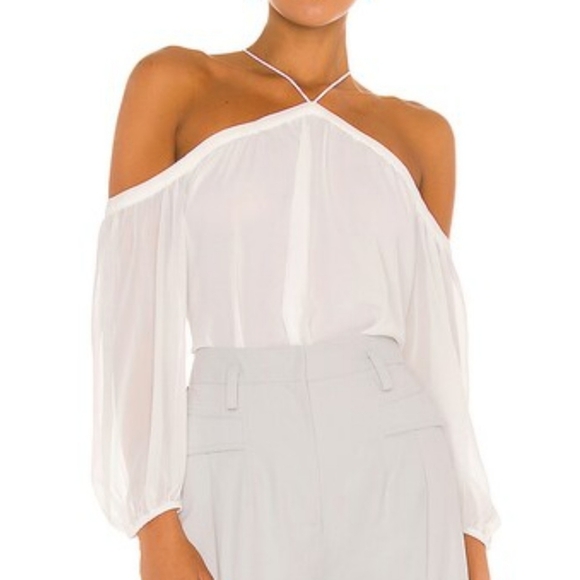 1. State Blouse High Neck Chiffon Sheer Blouson Sleeves Off Shoulder White M NWT - Picture 3 of 14